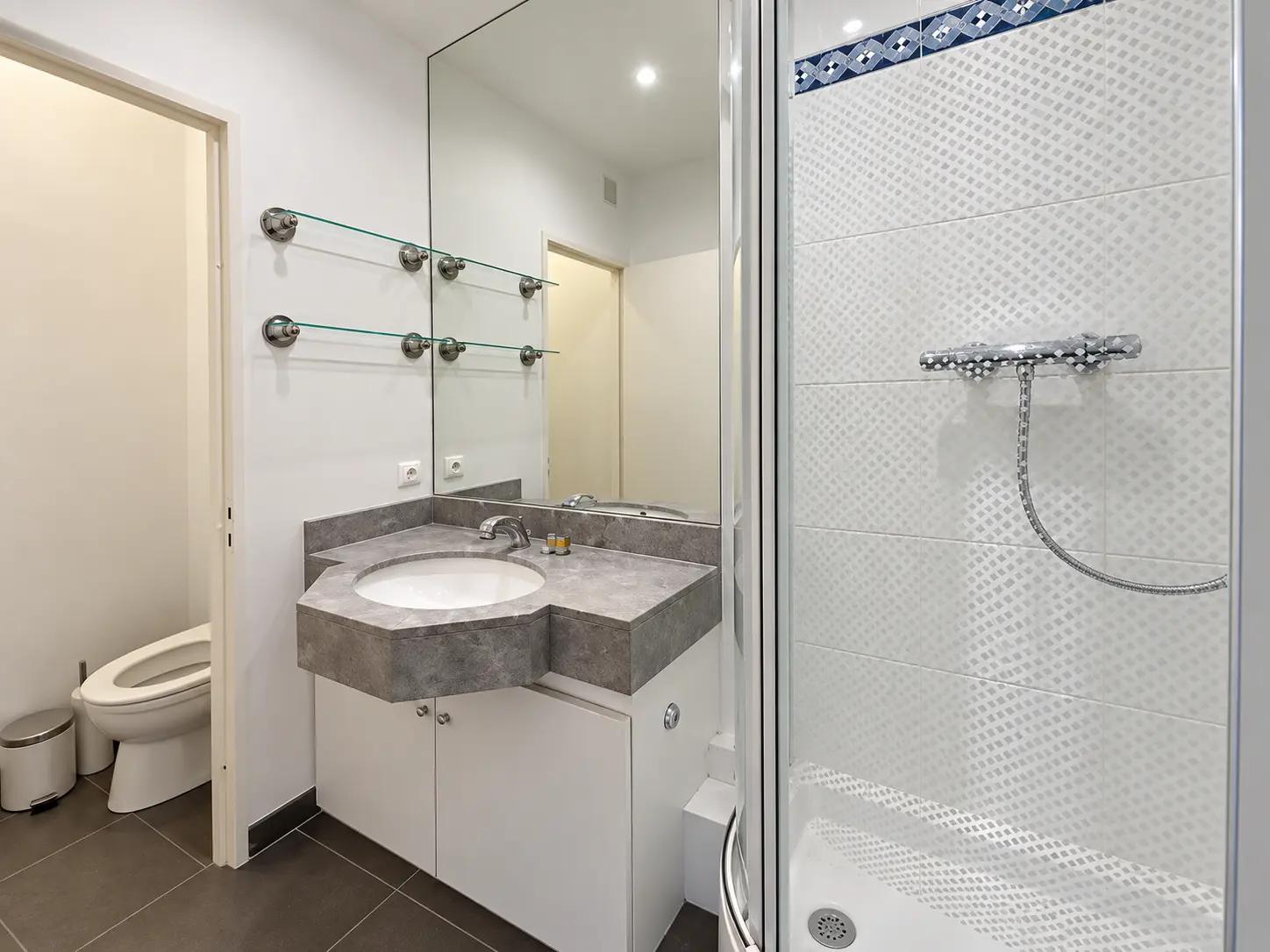 Shower room with vanity, mirror and separate WC in Neuilly