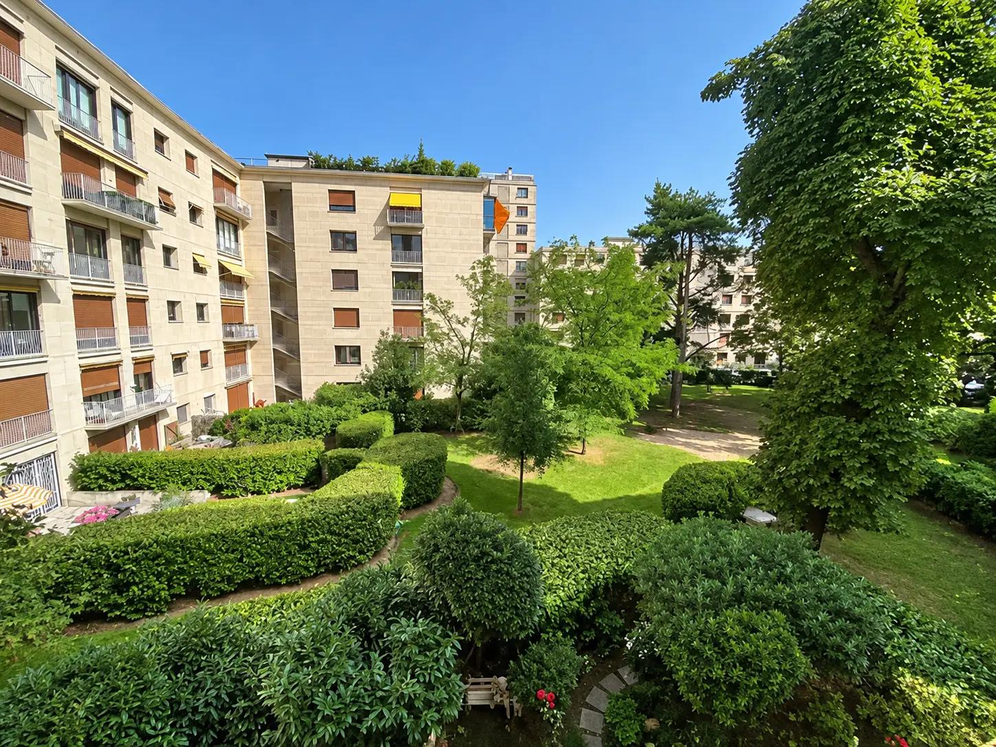 Landscaped garden view from apartment in Neuilly-sur-Seine