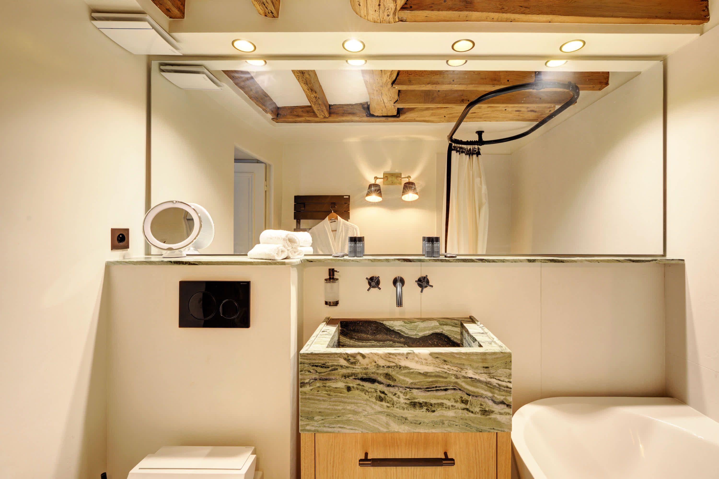 Luxurious bathroom with a bathtub.