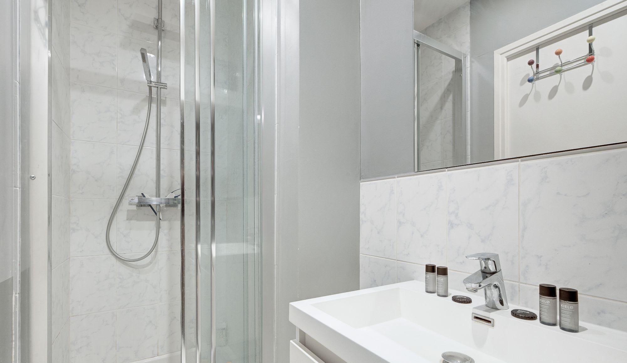 Bathroom: shower, washbasin, mirror, and toilet.