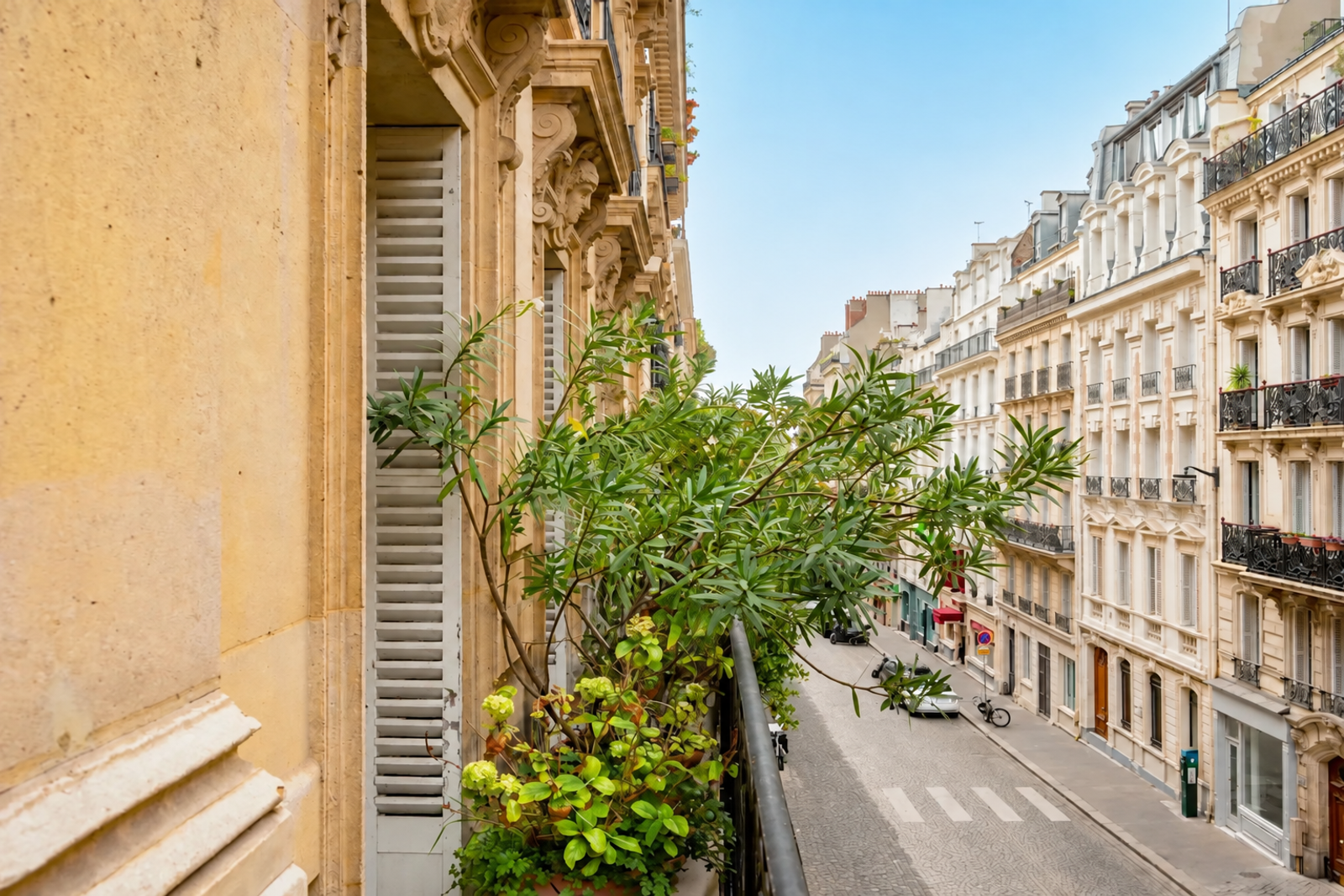 Balcon fleuri donnant sur une rue parisienne