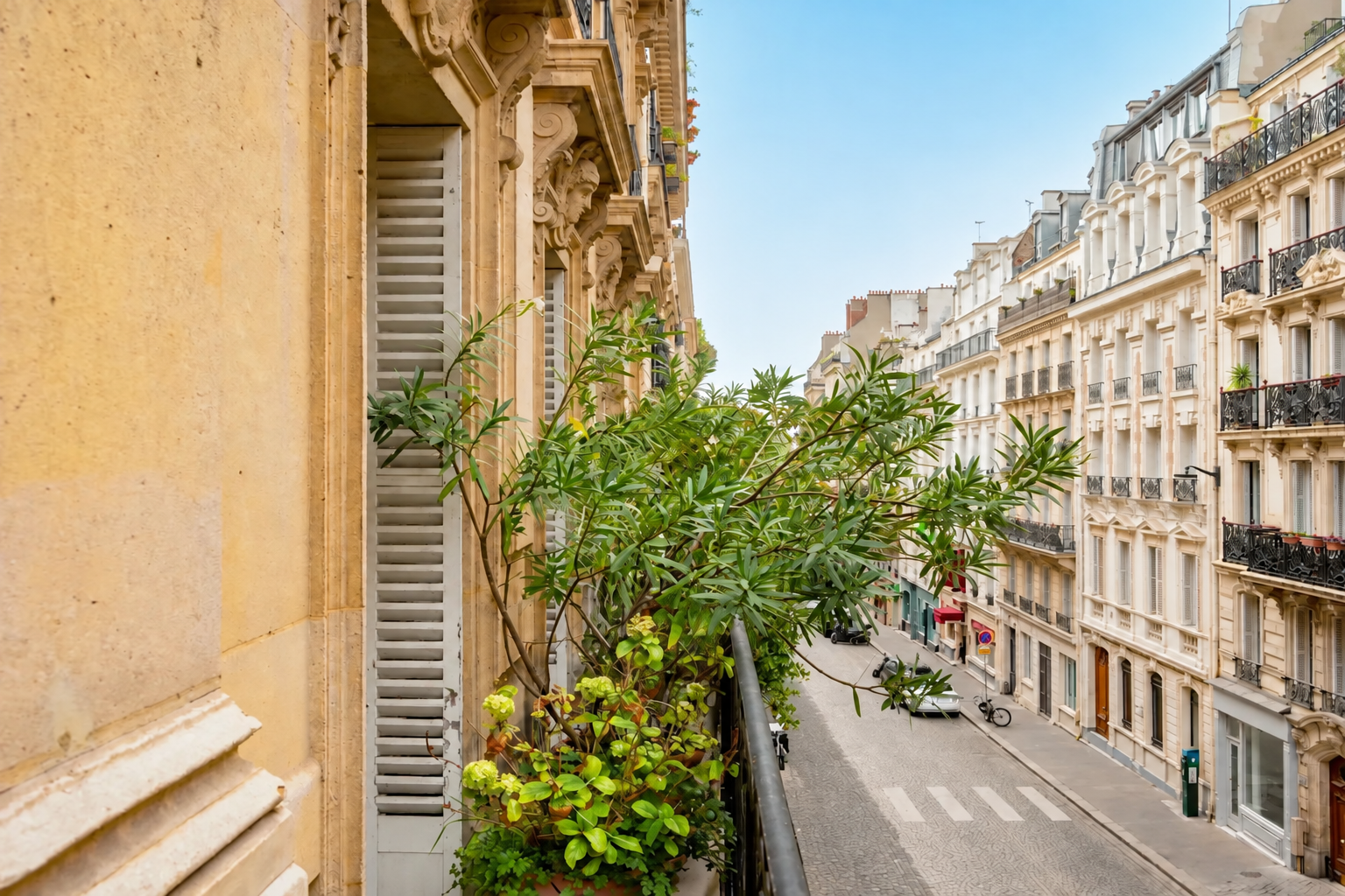 Balcon fleuri donnant sur une rue parisienne