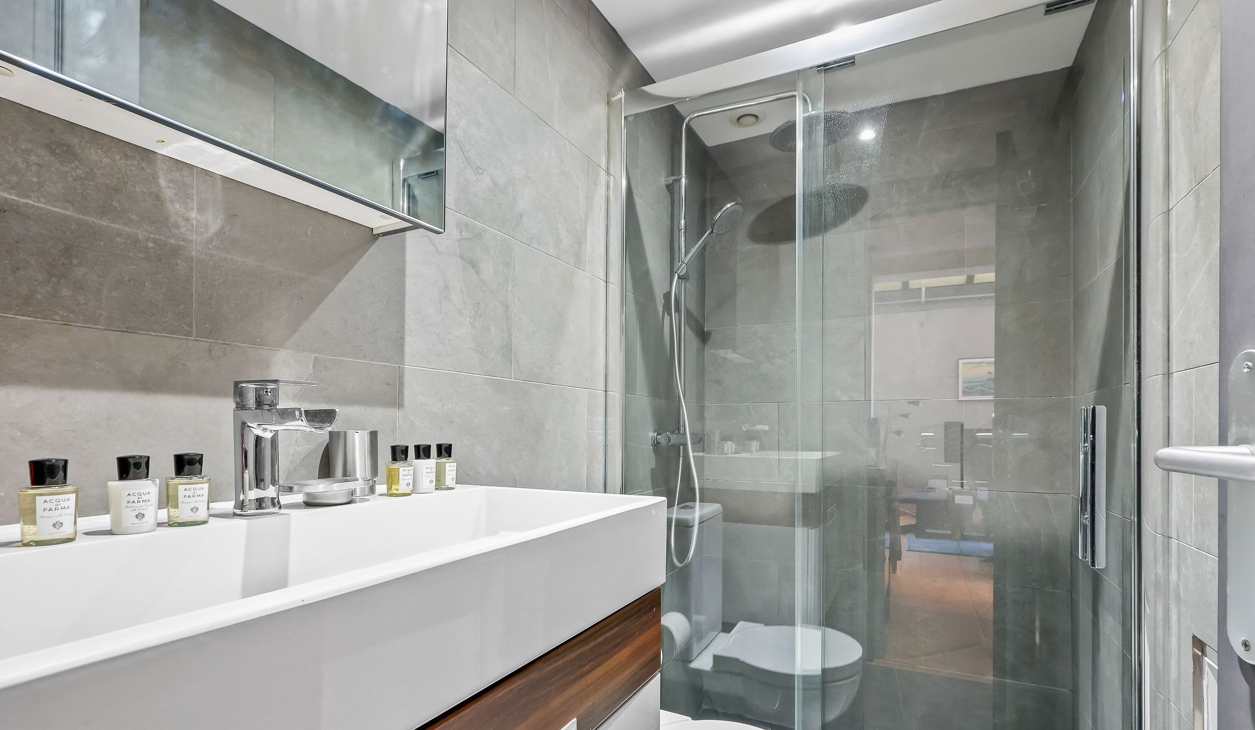 Bathroom with a shower and toilet.