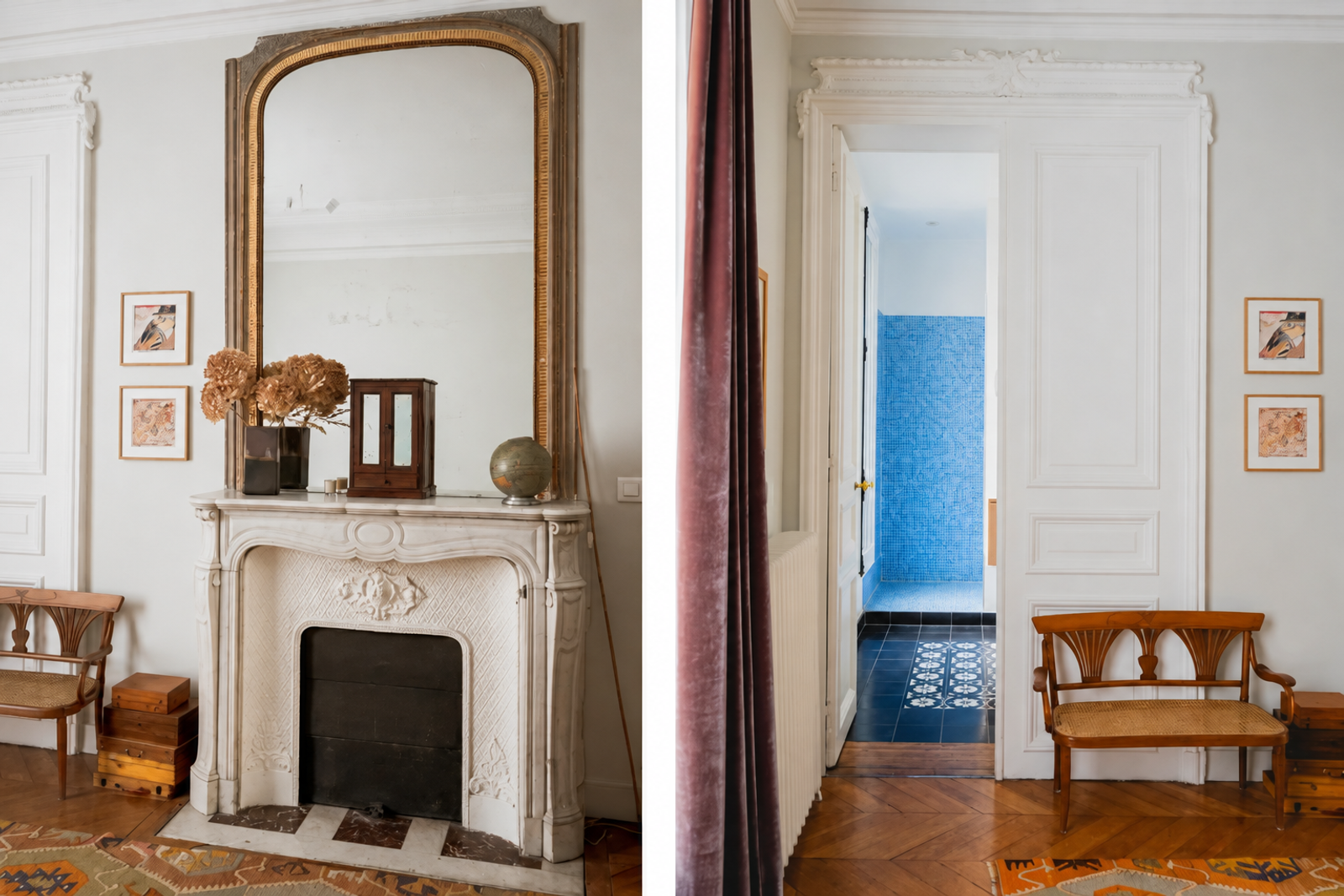 Cheminée d'époque et moulures décoratives