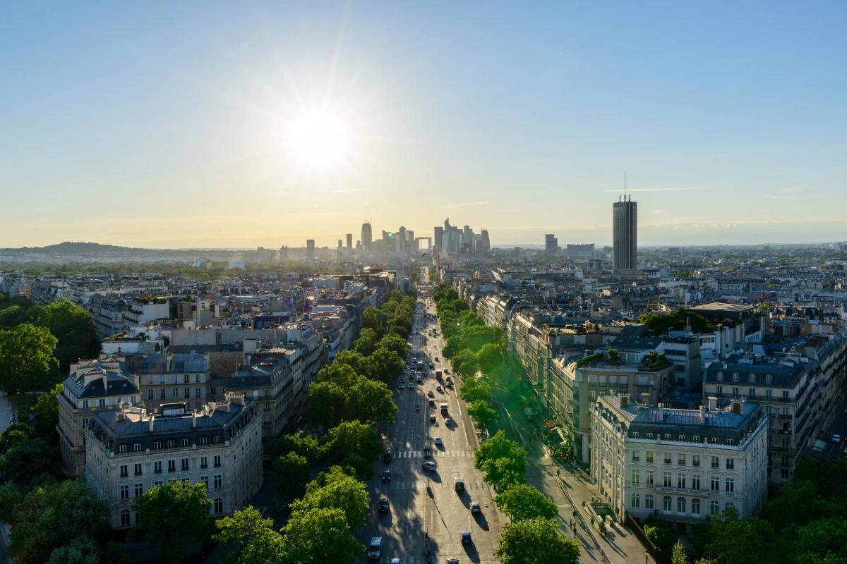 Vue panoramique sur Paris et une avenue arborée