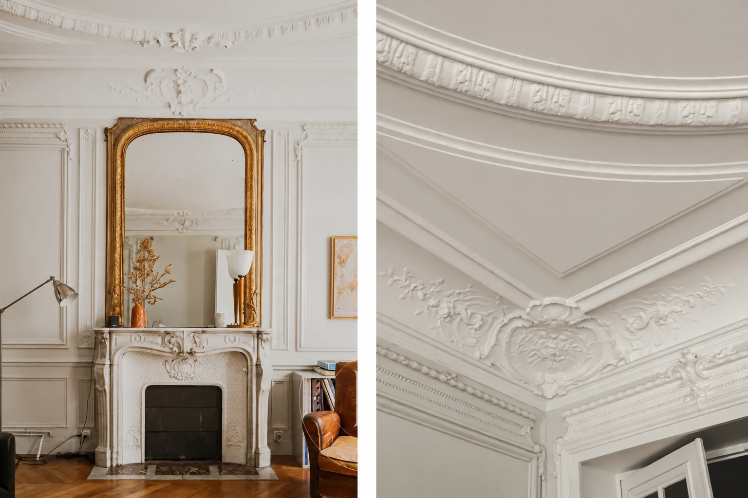 Cheminée en marbre et moulures au plafond