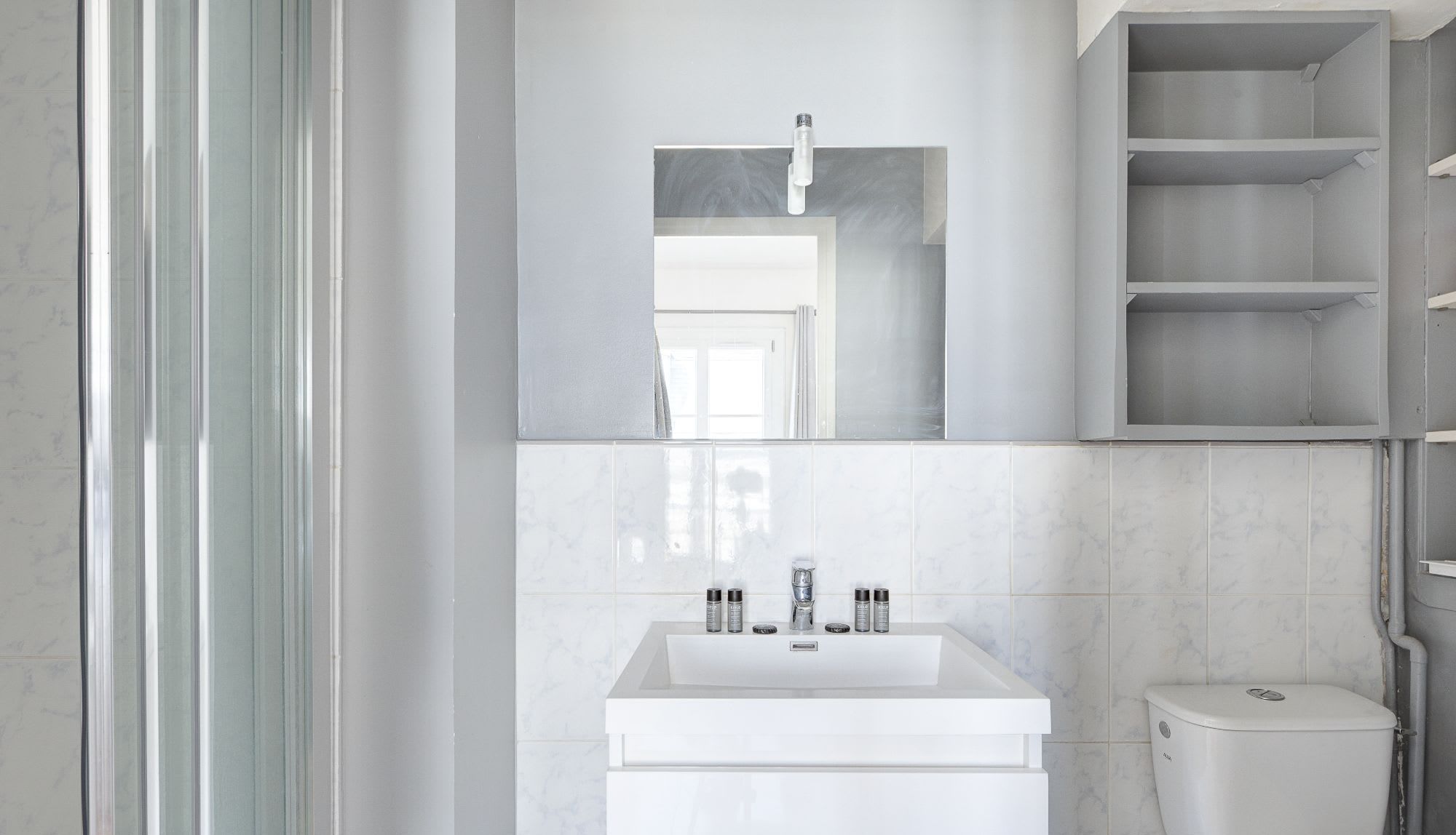 Bathroom: shower, washbasin, mirror, and toilet.