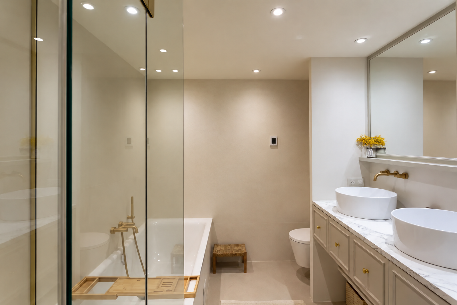 Luxury bathroom with bathtub and double vanity