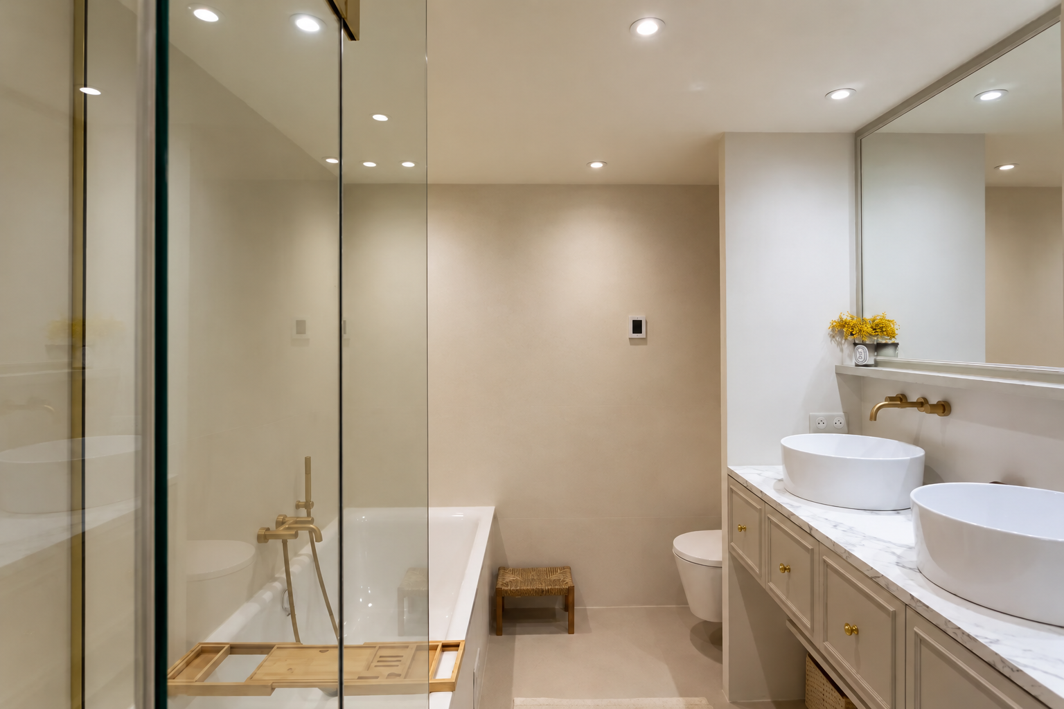 Luxury bathroom with bathtub and double vanity
