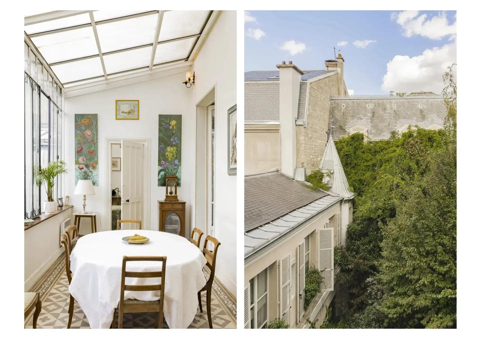 Salle à manger sous véranda et vue sur cour arborée