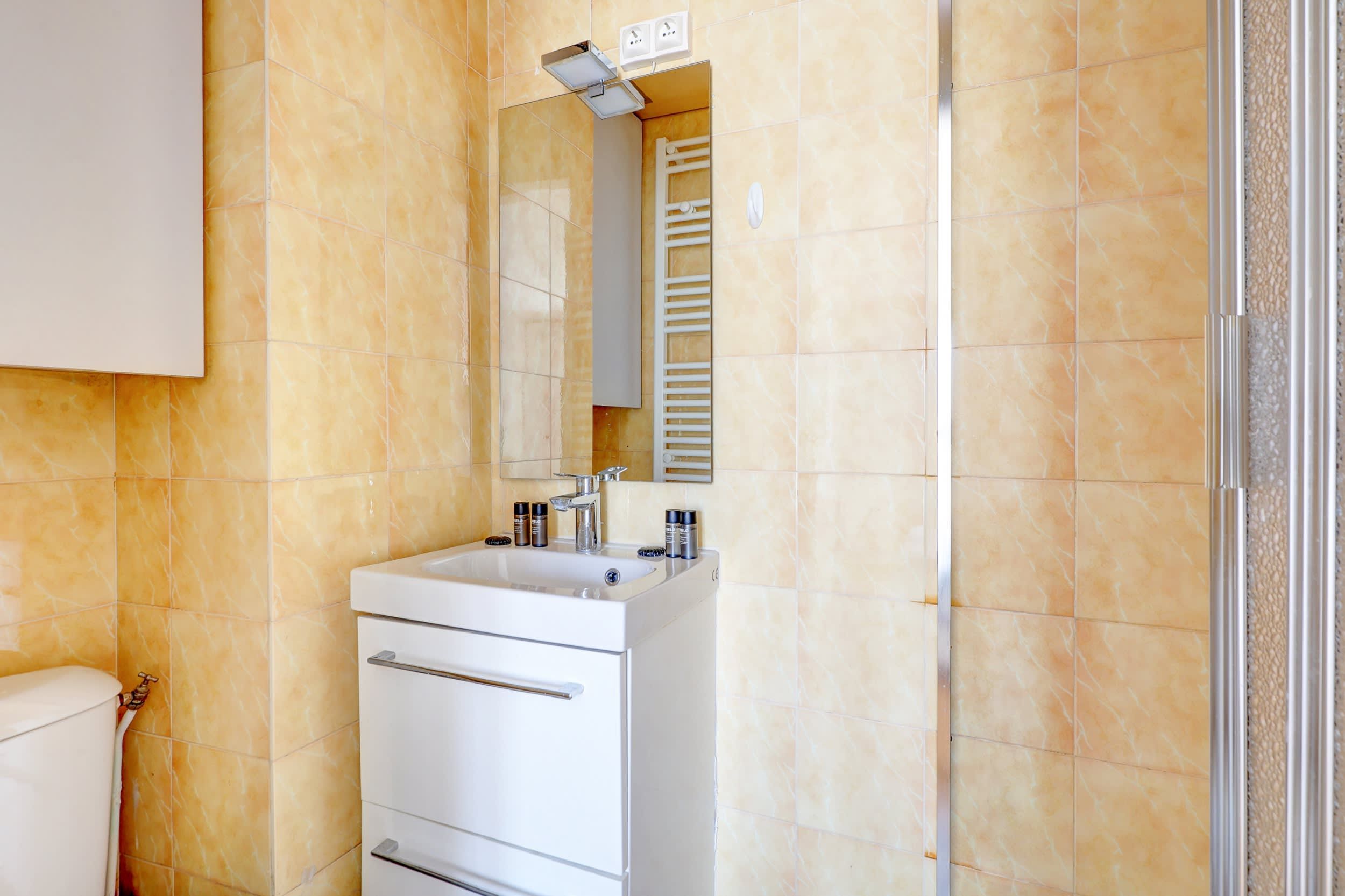 Salle de bain : douche, lavabo, miroir et toilette