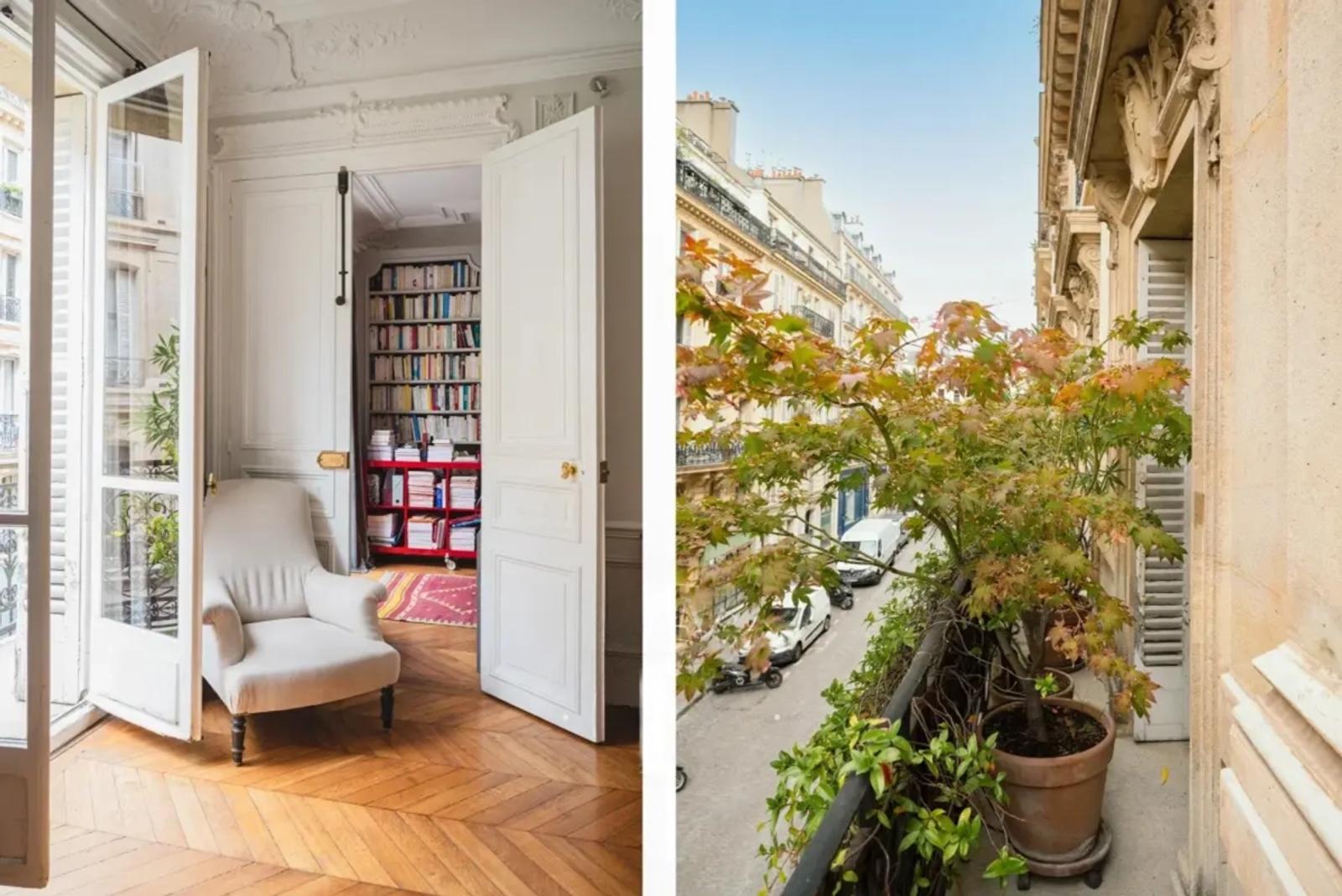 Salon et balcon avec vue sur une rue parisienne