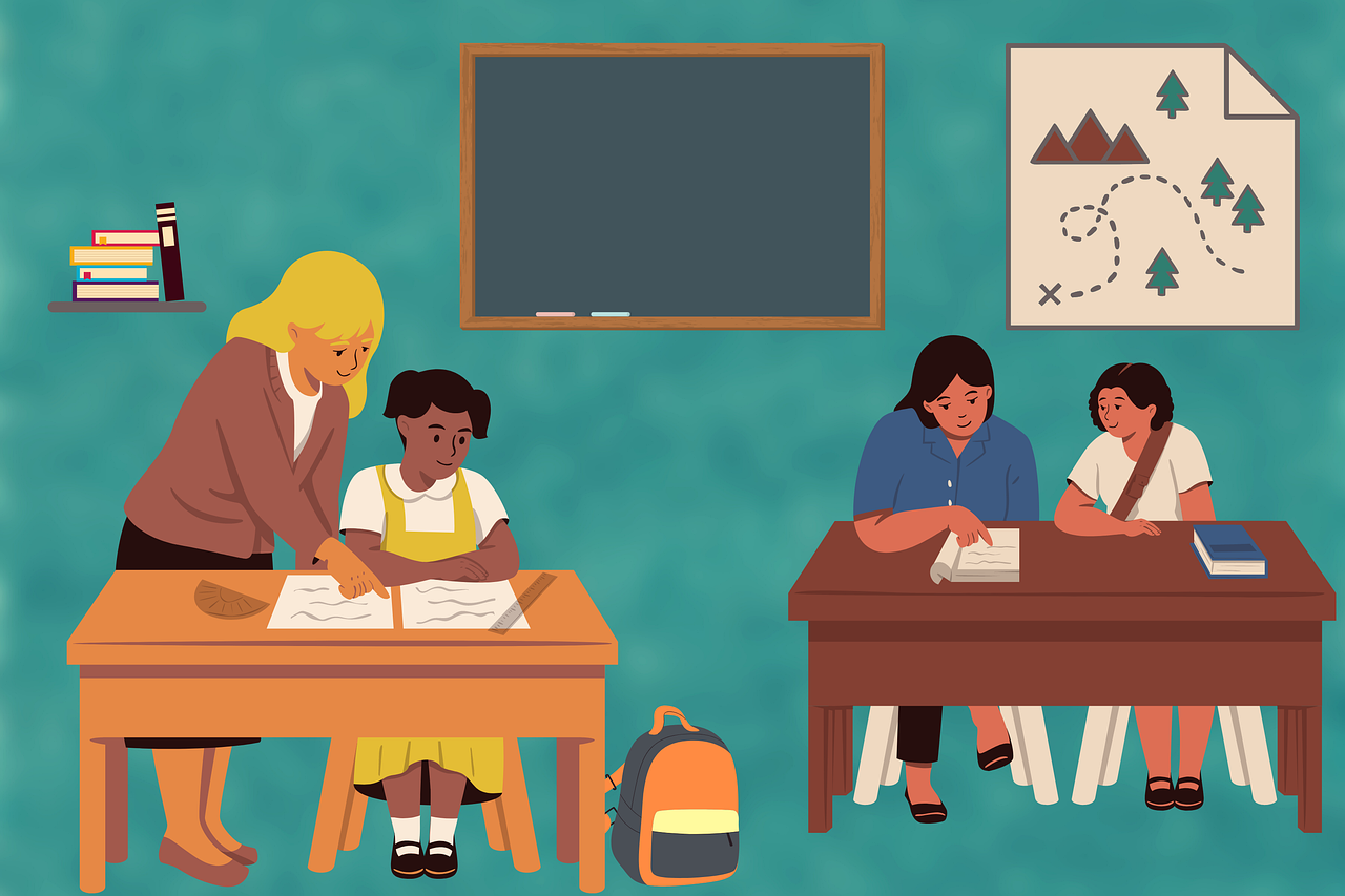 Illustrasjon av en lærer som hjelper en elev med skolearbeid. Bilde av Elf_Moondance (CC)