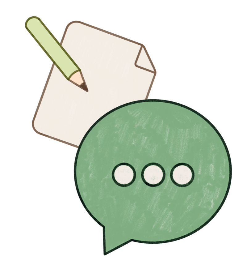 illustrasjon som viser en grønn blyant, et blankt papir og n grønn snakkeboble.