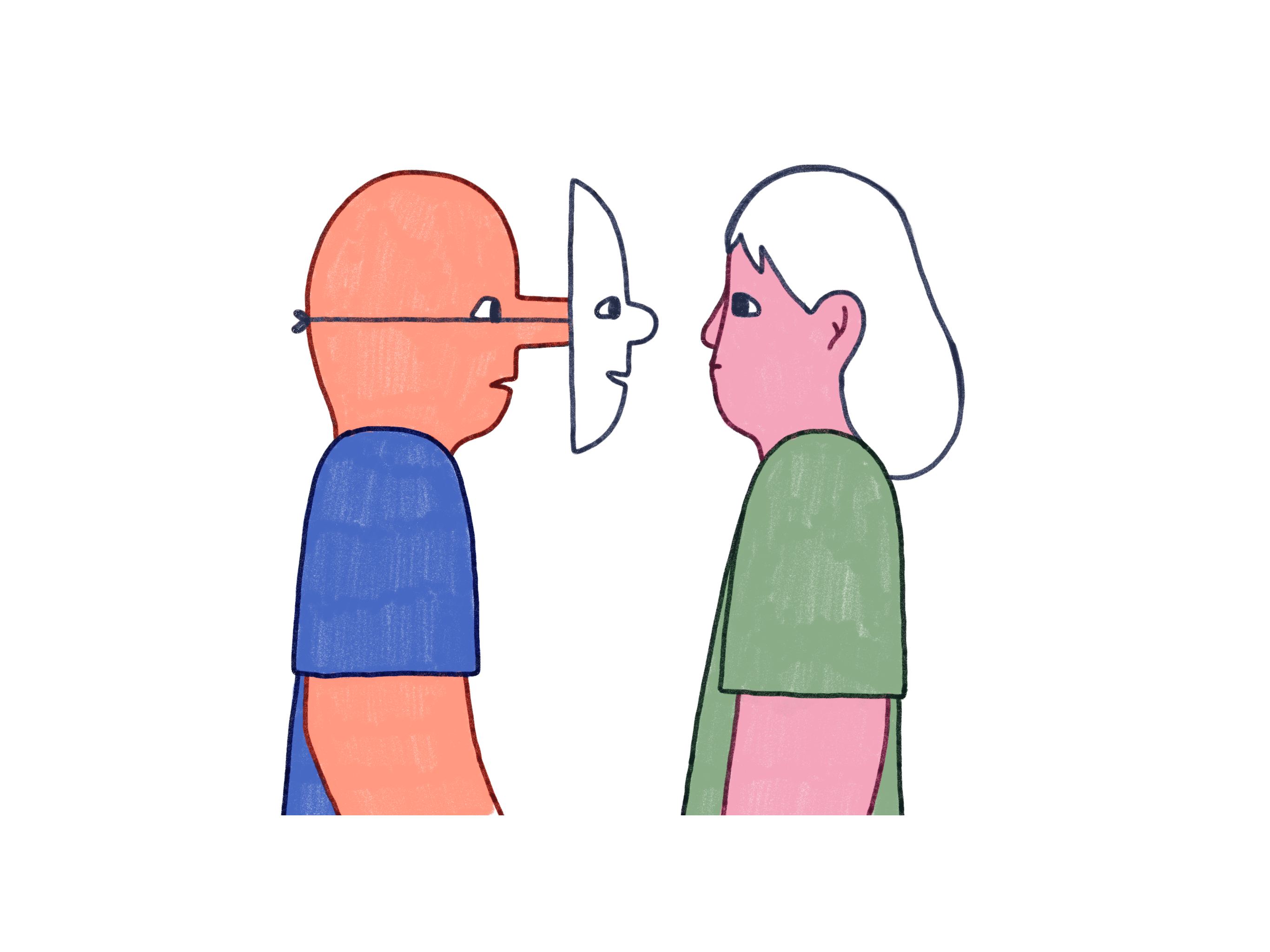 Illustrasjon av en person med lang nese og maske utenpå, som snakker med en annen person.