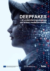 Forsiden på undervisningsopplegget Deepfakes - et undervisningsopplegg om kritisk medieforståelse. Illustrasjonen viser et ansikt i profil, samt samarbeid mellom Tenk, Medietilsynet og fiansiering via EU prosjekt.