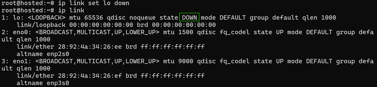 # ip link set lo down
