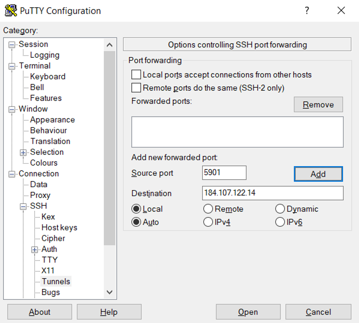Use the Category list on the left to go to Connection SSH Tunnels.