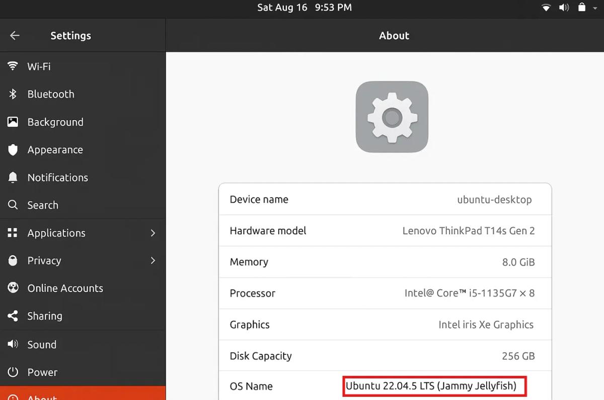 Ubuntu Settings About Menu