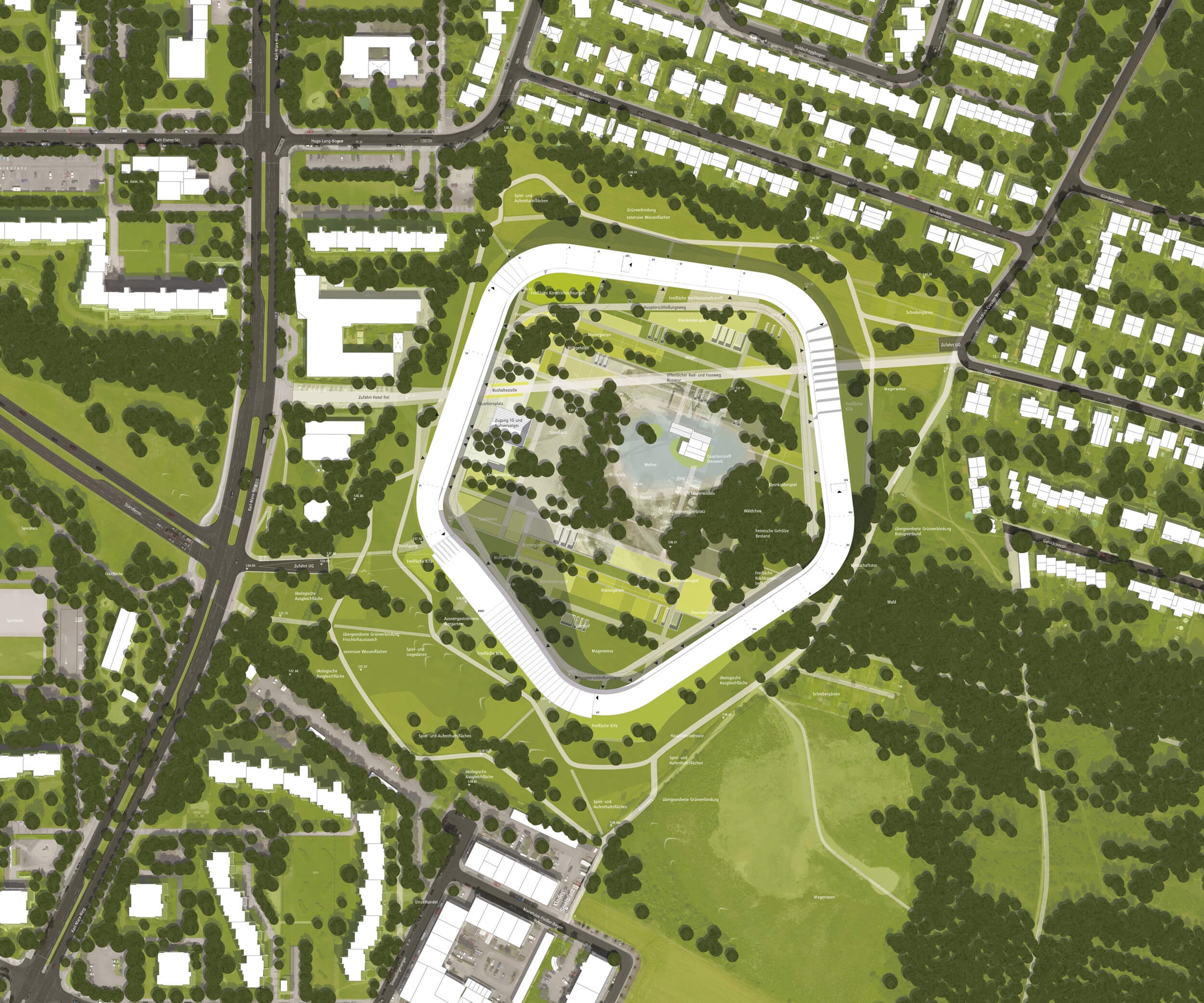 Goetz Castorph Lehmann Tabillion Architektur Städtebau München Wettbewerb Perlach Alexisquartier engere Wahl Kieswerk Wohnform Park Quartier Schnittansicht