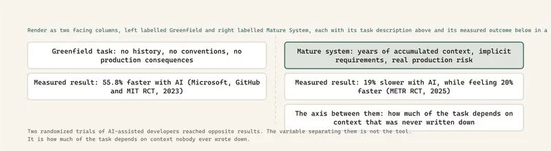 Two randomized trials of AI-assisted developers reached opposite results. The variable separating them is not the tool. It is how much of the task depends on context nobody ever wrote down.