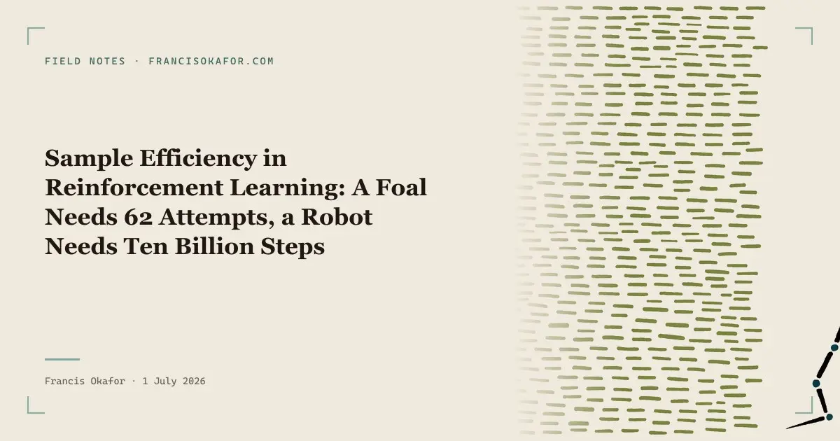 Sample Efficiency in Reinforcement Learning: A Foal Needs 62 Attempts, a Robot Needs Ten Billion Steps