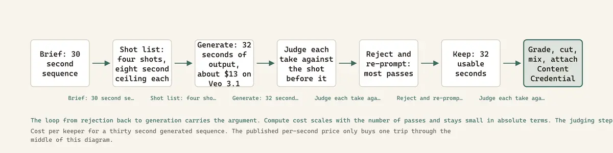 Cost per keeper for a thirty second generated sequence. The published per-second price only buys one trip through the middle of this diagram.