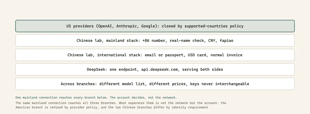 The same mainland connection reaches all three branches. What separates them is not the network but the account: the American branch is refused by provider policy, and the two Chinese branches differ by identity requirement