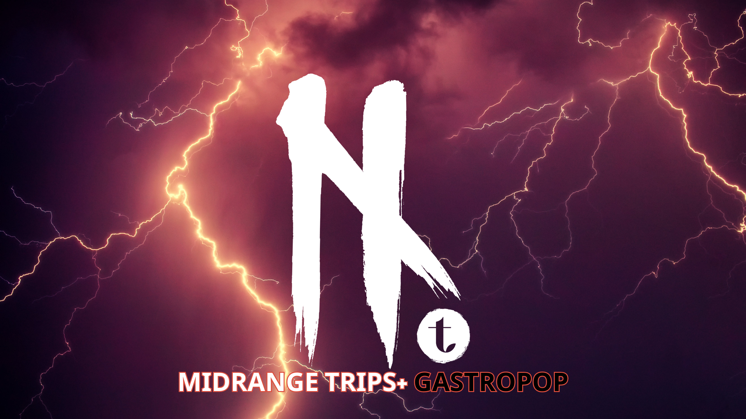 Dark purple storm background with vivid yellow lightning bolts. Large white stylized “N” logo centered with a small “t” inside a circle at the lower right. Text at the bottom reads “MIDRANGE TRIPS+ GASTROPOP” in bold red and orange gradient font.