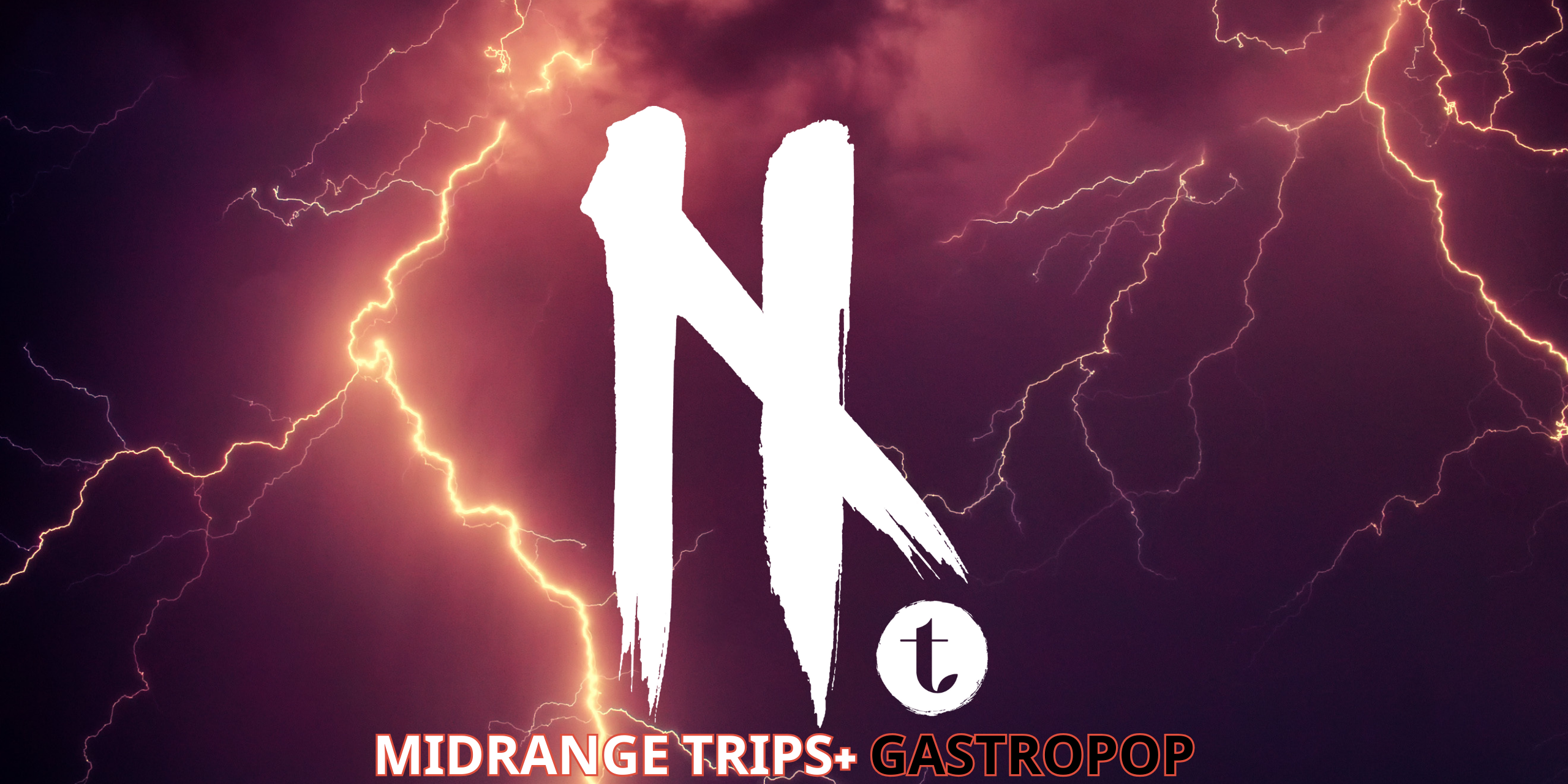 Dark purple storm background with vivid yellow lightning bolts. Large white stylized “N” logo centered with a small “t” inside a circle at the lower right. Text at the bottom reads “MIDRANGE TRIPS+ GASTROPOP” in bold red and orange gradient font.