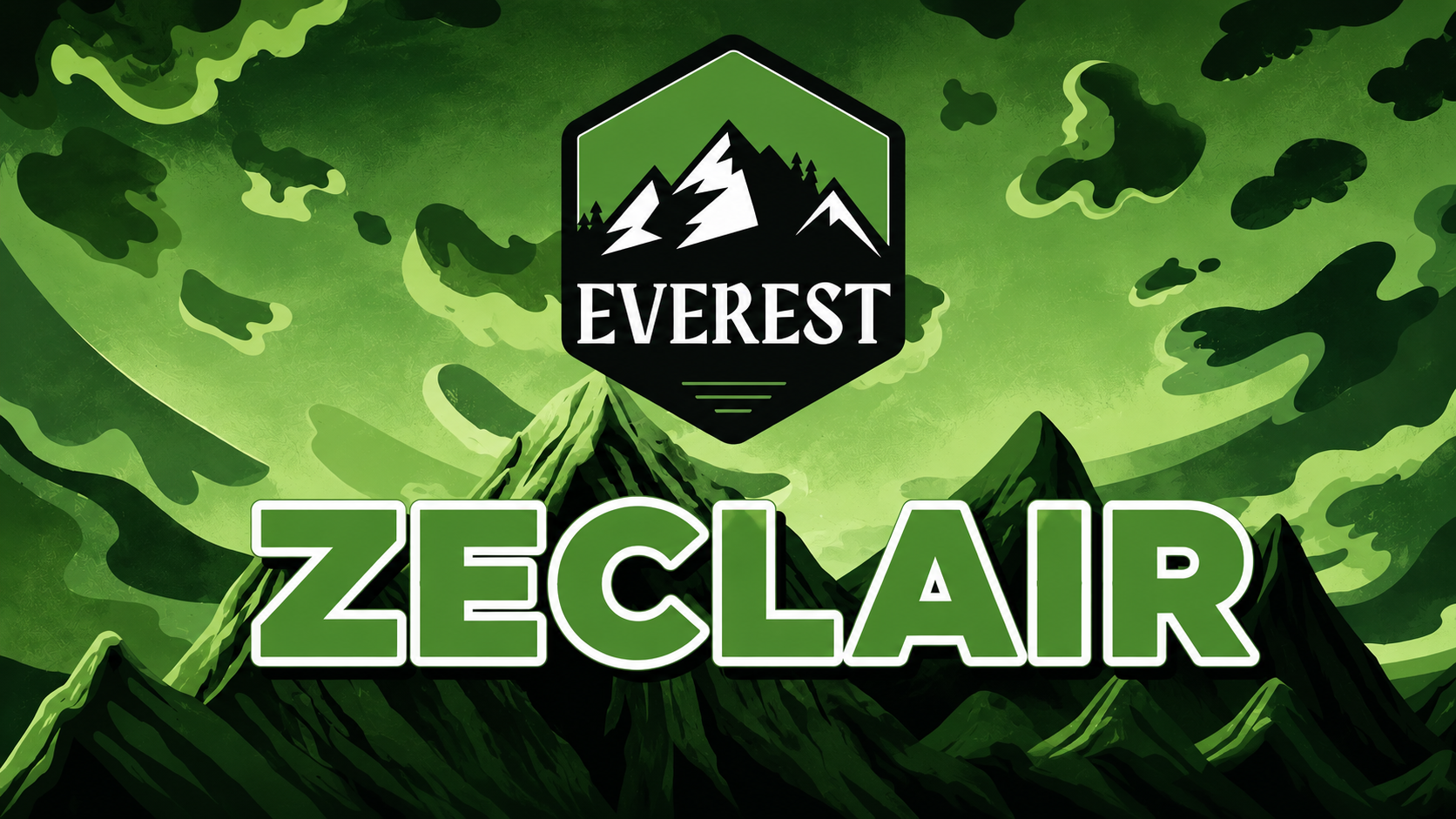 Illustrated review banner for Everest's Zeclair featuring the Everest mountain logo above bold green "ZECLAIR" lettering. The background showcases stylized emerald mountain peaks beneath a dramatic green sky with abstract cloud formations, creating a clean, modern design that reflects the cultivar's earthy, dessert-inspired profile.