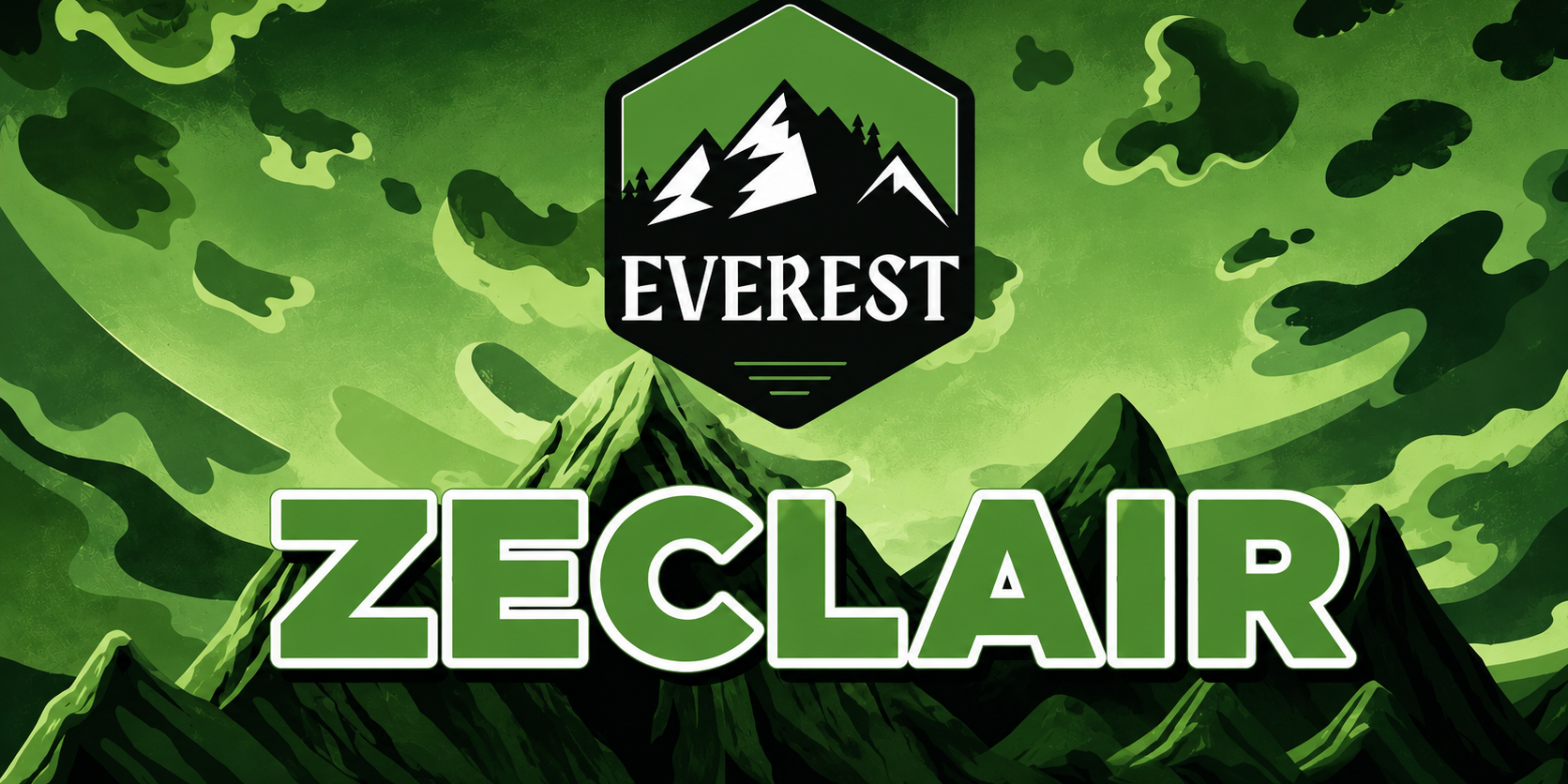 Illustrated review banner for Everest's Zeclair featuring the Everest mountain logo above bold green "ZECLAIR" lettering. The background showcases stylized emerald mountain peaks beneath a dramatic green sky with abstract cloud formations, creating a clean, modern design that reflects the cultivar's earthy, dessert-inspired profile.