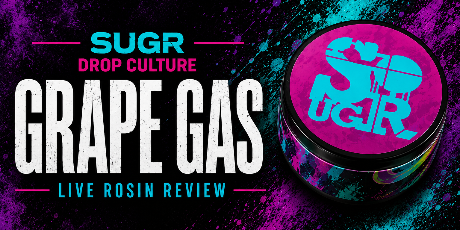 SUGR Gas Leak live rosin review cover with grape-toned purple base and green gas-style accents.