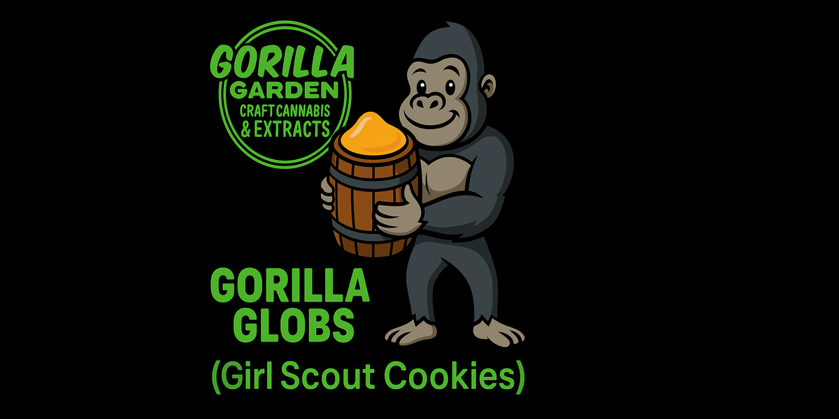 Cartoon illustration of a smiling gorilla holding a wooden barrel filled with golden hash rosin, with bold green text reading “GORILLA GLOBS” and smaller text underneath showing “(Girl Scout Cookies)”.