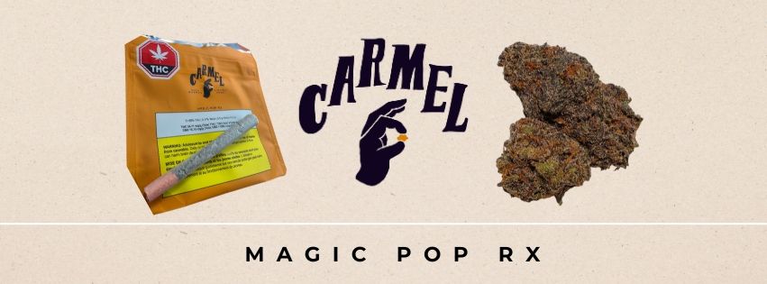 Magic Pop RX cannabis flower showcasing dark violet nugs with frosty trichomes and a sticky texture.