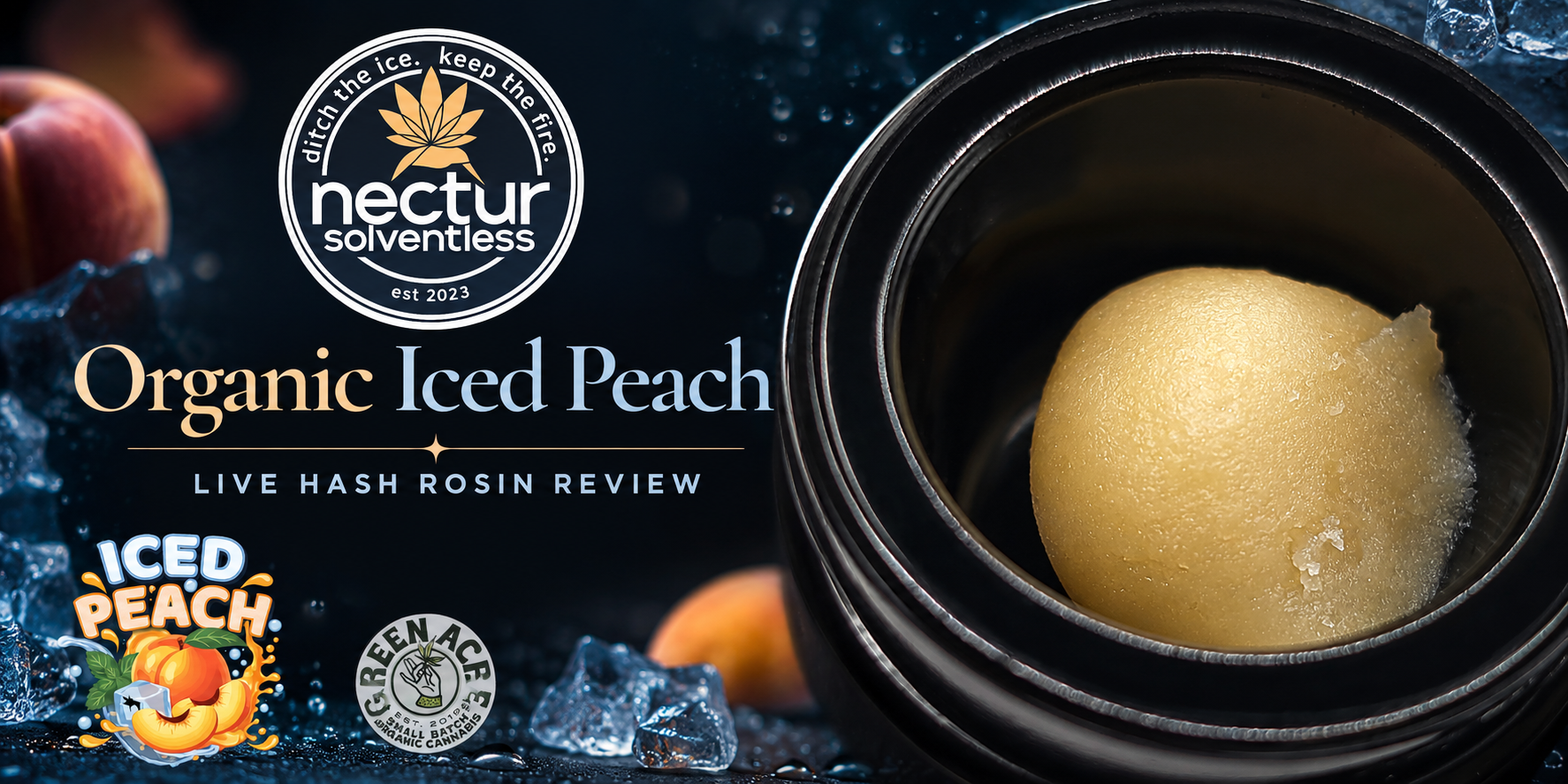 Organic Iced Peach live hash rosin review header featuring Nectur Solventless branding, a light-golden rosin jar, peach and ice graphics, and a subtle Green Acre Organic logo.