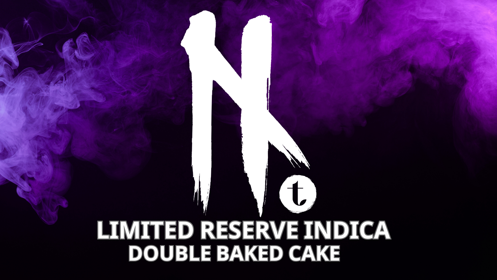 Purple smoke swirls across a black background with a large white “N” logo in the center. Below the logo, bold white text reads: “Limited Reserve Indica – Double Baked Cake.”