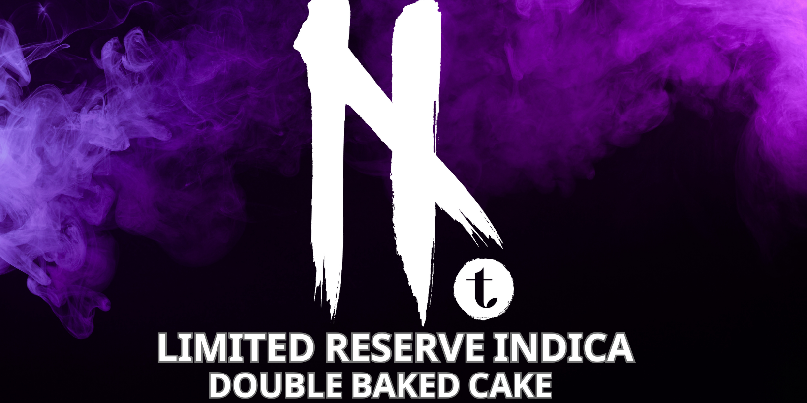 Purple smoke swirls across a black background with a large white “N” logo in the center. Below the logo, bold white text reads: “Limited Reserve Indica – Double Baked Cake.”