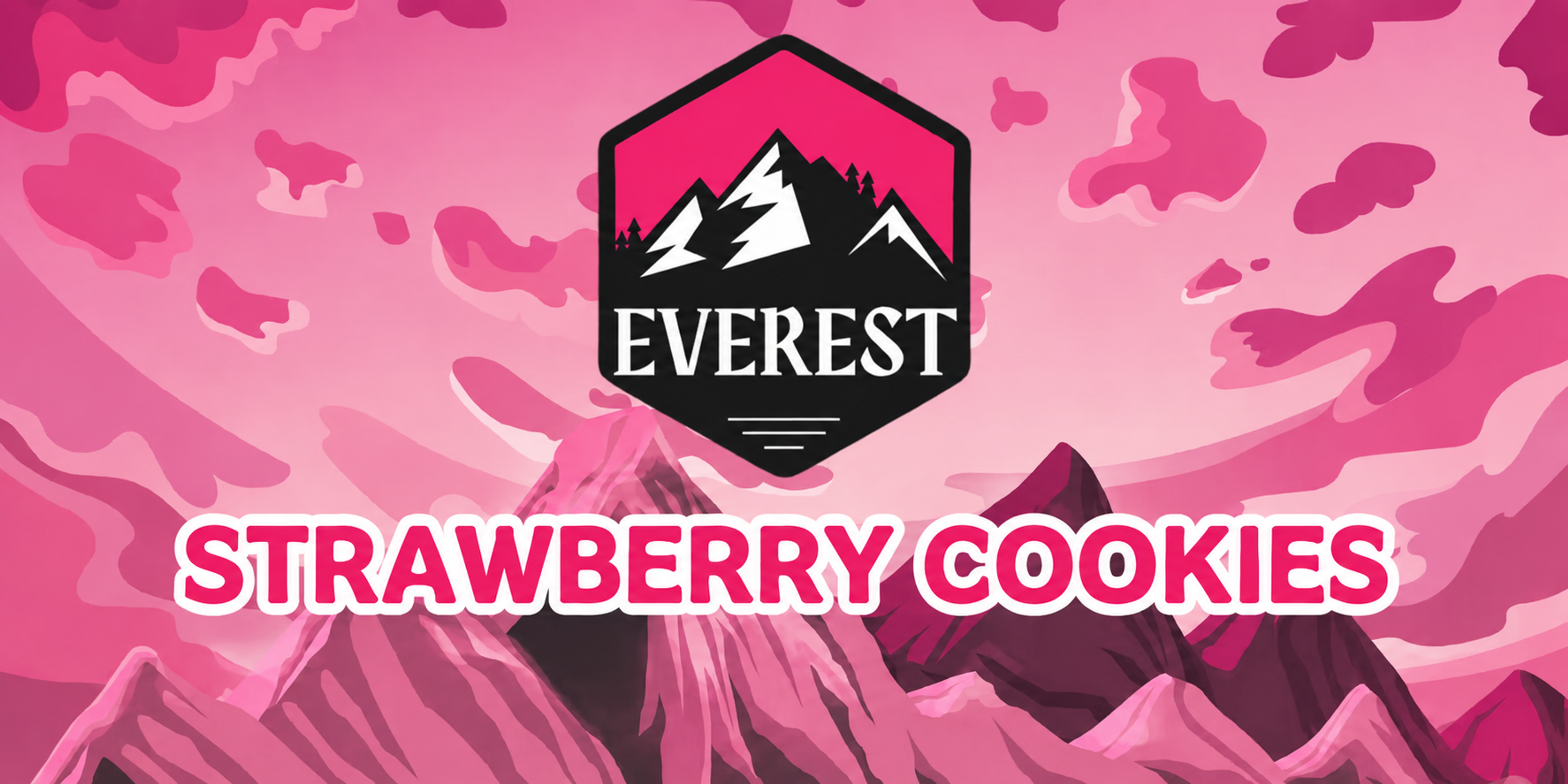 Illustrated promotional header for Everest's Strawberry Cookies featuring a stylized mountain landscape in shades of pink and magenta beneath a soft pink sky with abstract clouds. The black and pink Everest mountain logo is centered above large white and pink outlined text reading "STRAWBERRY COOKIES." The bold, clean design uses a vibrant strawberry-inspired colour palette