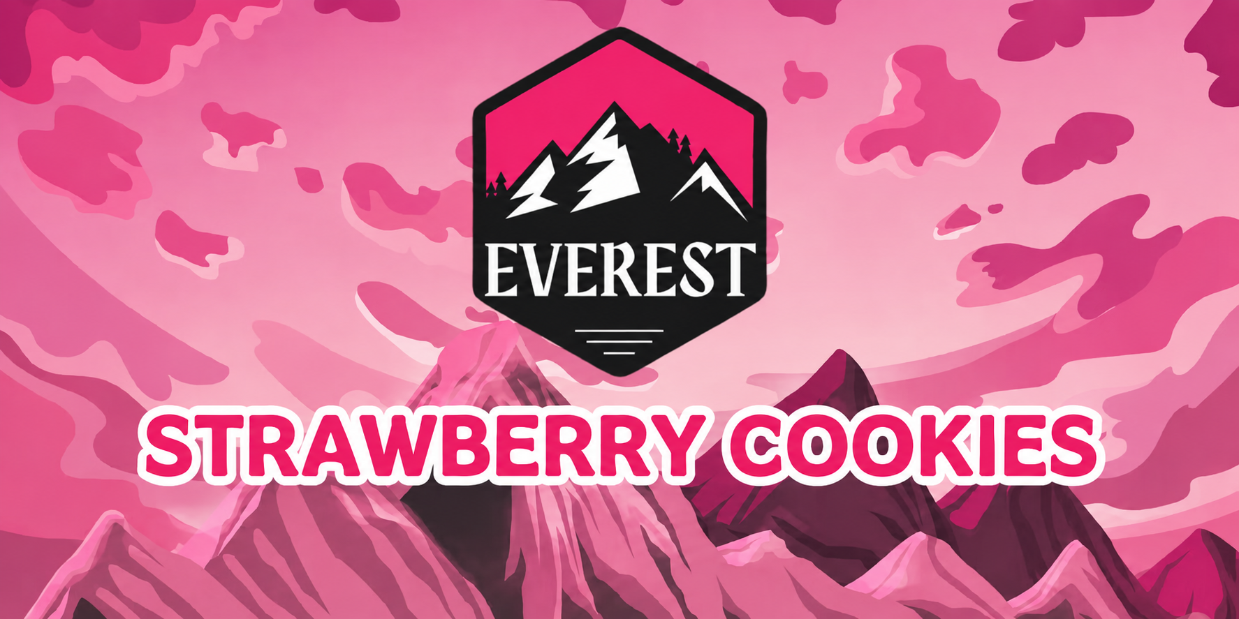 Illustrated promotional header for Everest's Strawberry Cookies featuring a stylized mountain landscape in shades of pink and magenta beneath a soft pink sky with abstract clouds. The black and pink Everest mountain logo is centered above large white and pink outlined text reading "STRAWBERRY COOKIES." The bold, clean design uses a vibrant strawberry-inspired colour palette