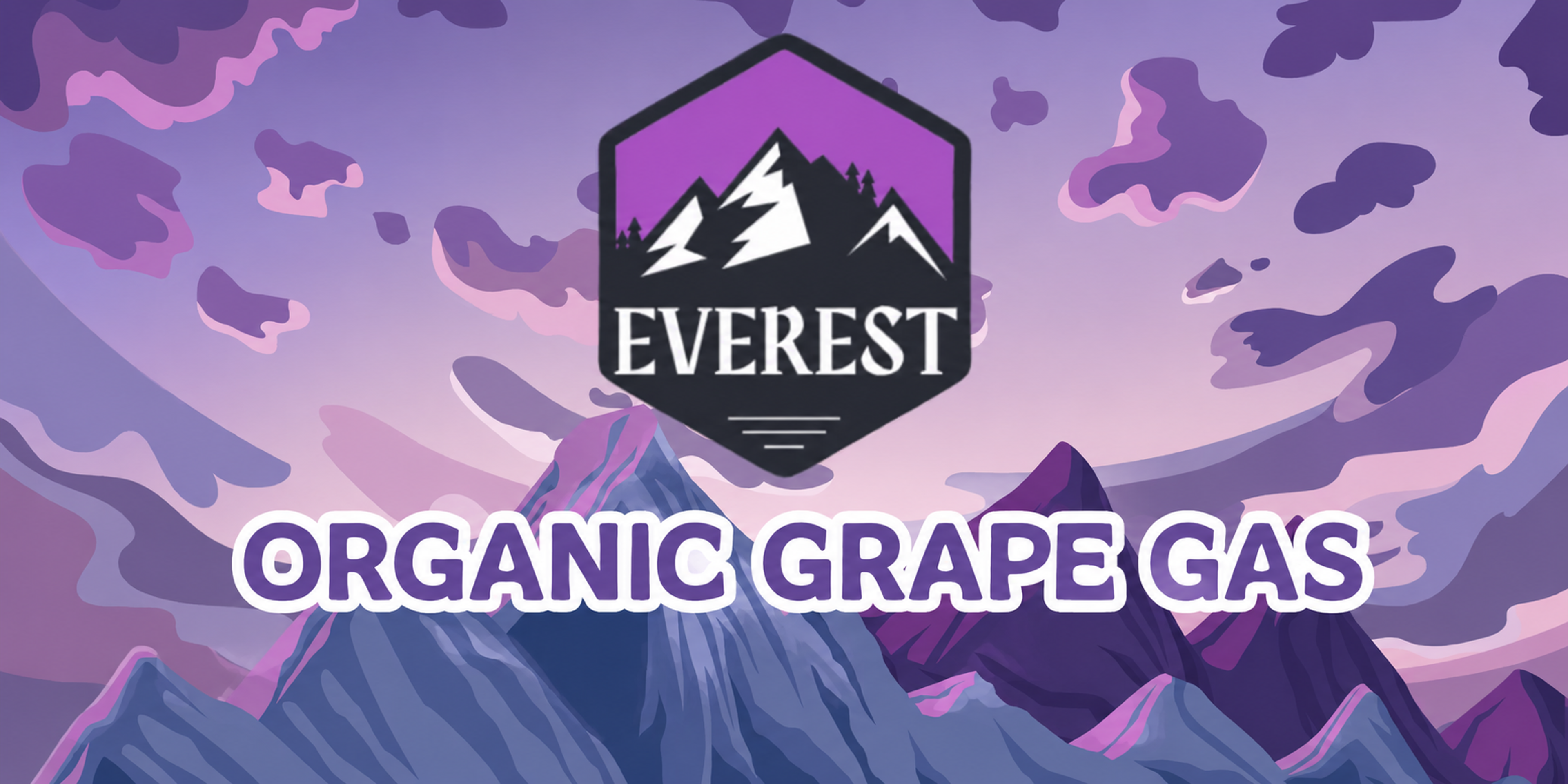 Everest Organic Grape Gas review header featuring the Everest logo above a stylized purple mountain landscape with bold Organic Grape Gas lettering. Purple and lavender tones reflect the cultivar's grape-inspired profile and Green Acre Organic cultivation.