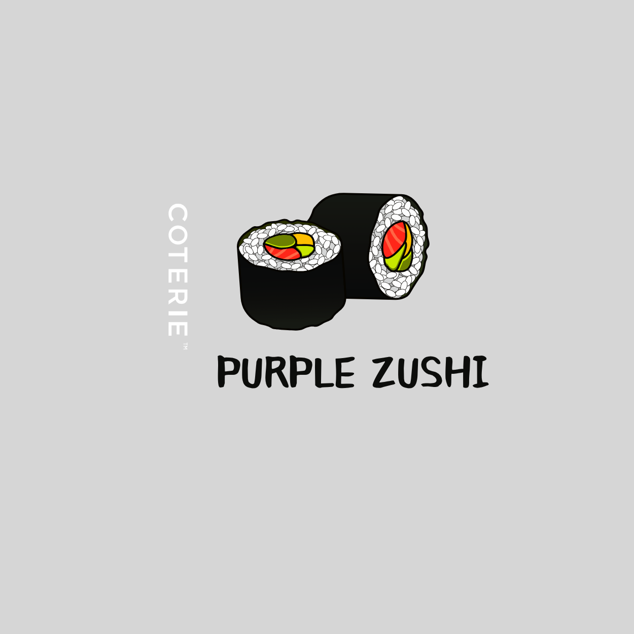  Minimalist graphic logo for Coterie’s Purple Zushi strain. The design features two cartoon-style sushi rolls with colorful fillings of red, green, and yellow against a light grey background. The word “COTERIE” appears vertically along the left side, and “PURPLE ZUSHI” is written below the sushi in a bold, playful black font, creating a clean, modern look with a subtle nod to the strain’s name.