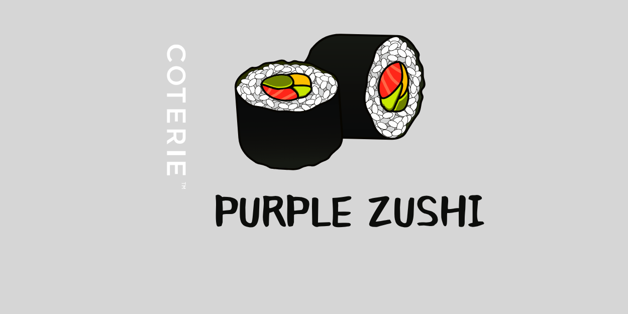 Minimalist graphic logo for Coterie’s Purple Zushi strain. The design features two cartoon-style sushi rolls with colorful fillings of red, green, and yellow against a light grey background. The word “COTERIE” appears vertically along the left side, and “PURPLE ZUSHI” is written below the sushi in a bold, playful black font, creating a clean, modern look with a subtle nod to the strain’s name.