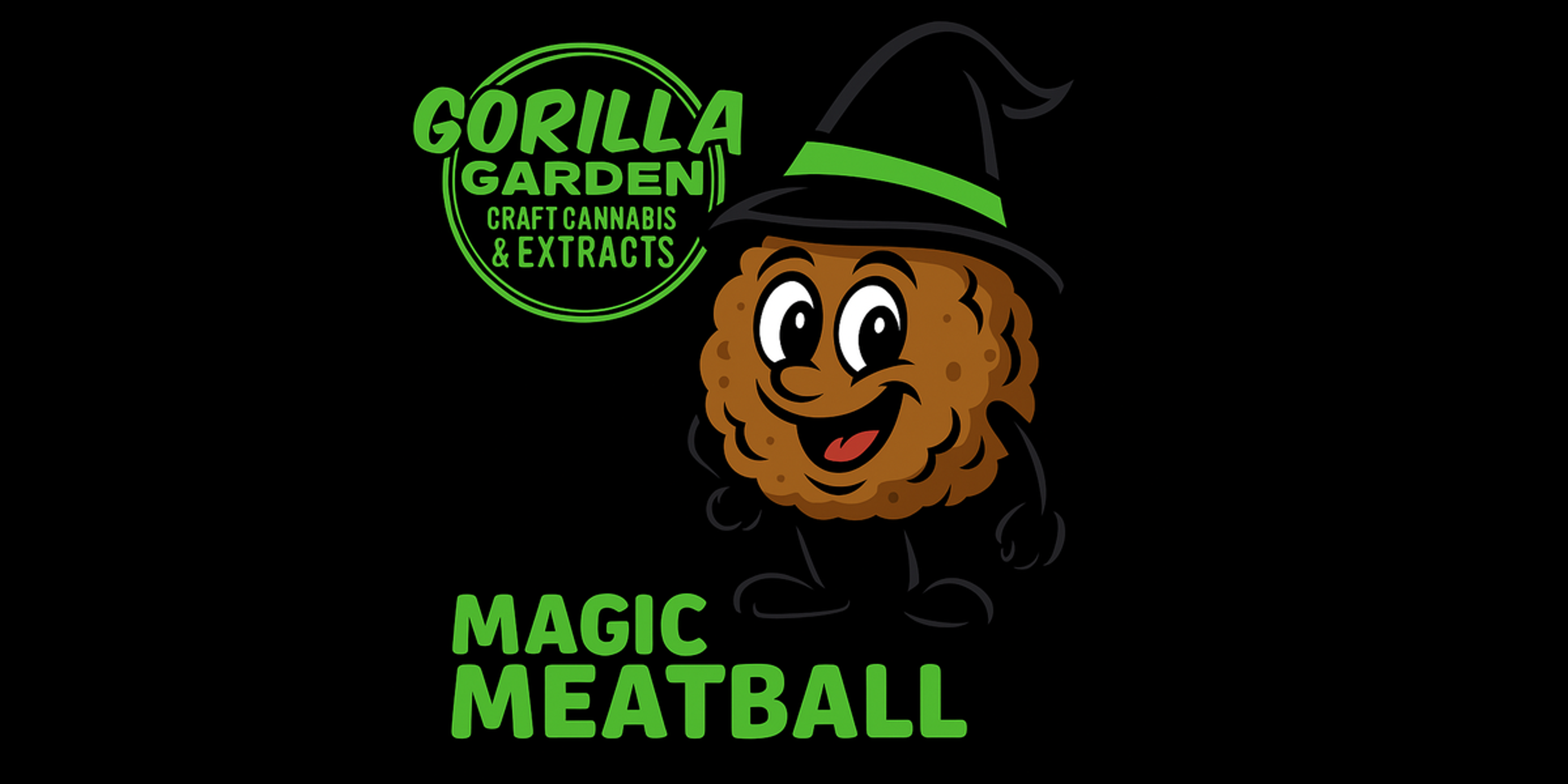 Cartoon meatball character with a happy smile wearing a black wizard hat with a green trim, standing next to the Gorilla Garden Craft Cannabis & Extracts logo. The words “Magic Meatball” appear in bold green text at the bottom against a black background.