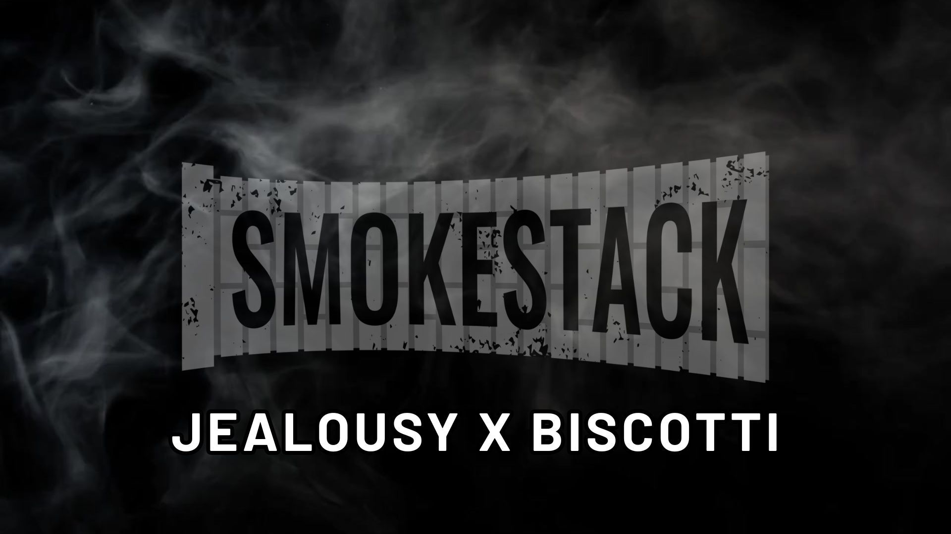 Smoke Stack logo displayed in bold black letters on a grey, textured background resembling stacked panels, surrounded by swirling smoke. Below the logo, the text reads “Jealousy X Biscotti” in white capital letters.