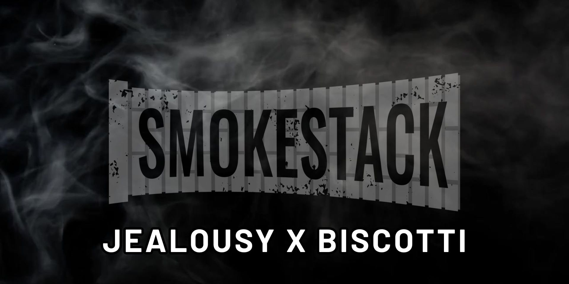 Smoke Stack logo displayed in bold black letters on a grey, textured background resembling stacked panels, surrounded by swirling smoke. Below the logo, the text reads “Jealousy X Biscotti” in white capital letters.
