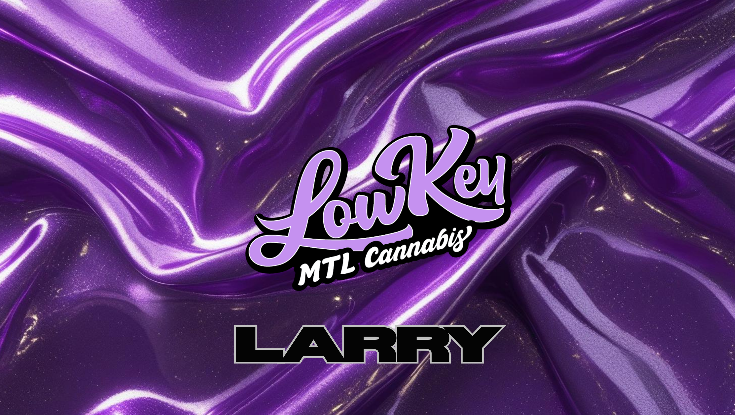 Close-up of Larry buds showing dense purple and green nuggets covered in frosty trichomes. The image highlights the strain’s indica-dominant structure and vibrant coloration.