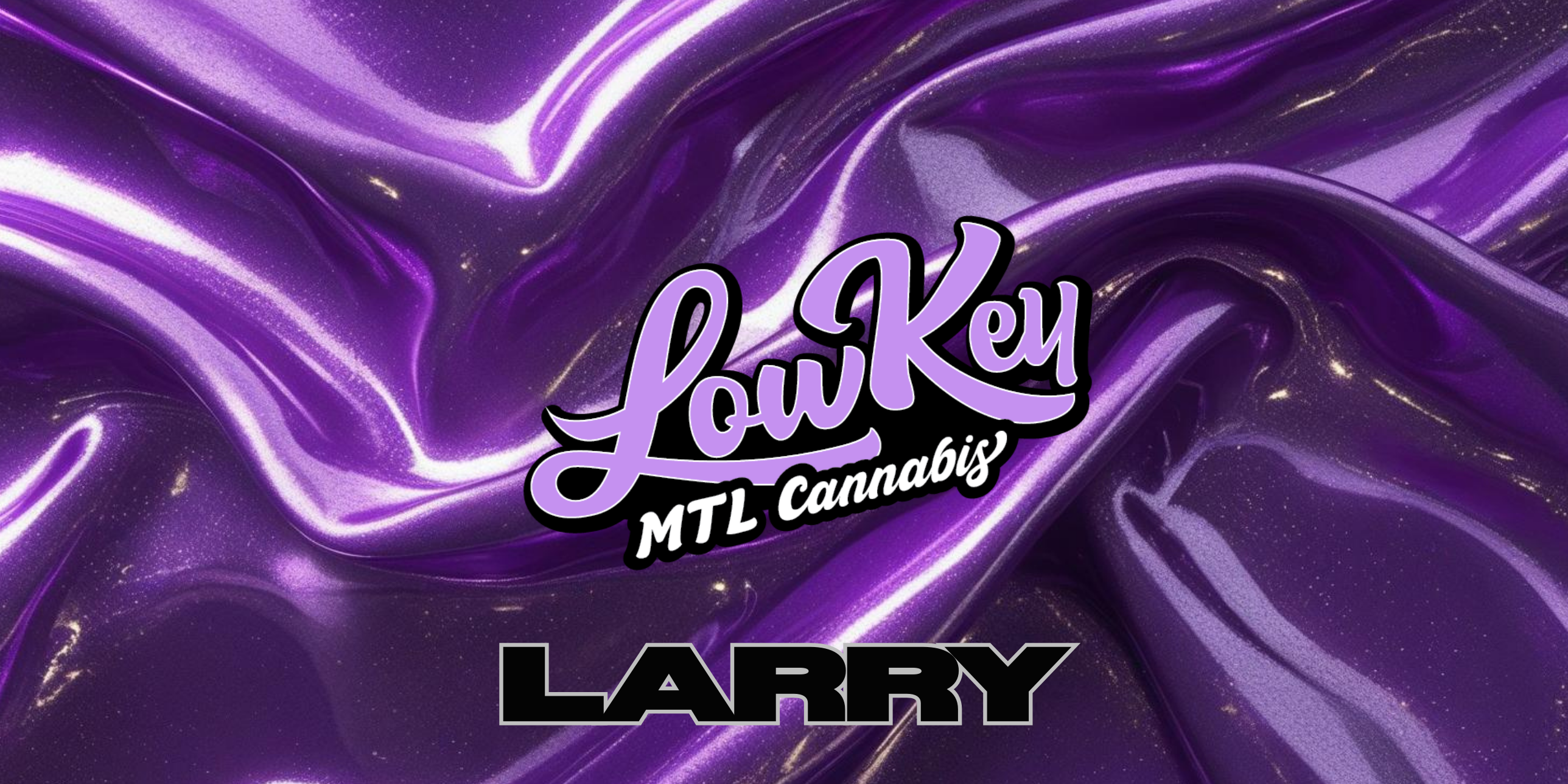 Close-up of Larry buds showing dense purple and green nuggets covered in frosty trichomes. The image highlights the strain’s indica-dominant structure and vibrant coloration.