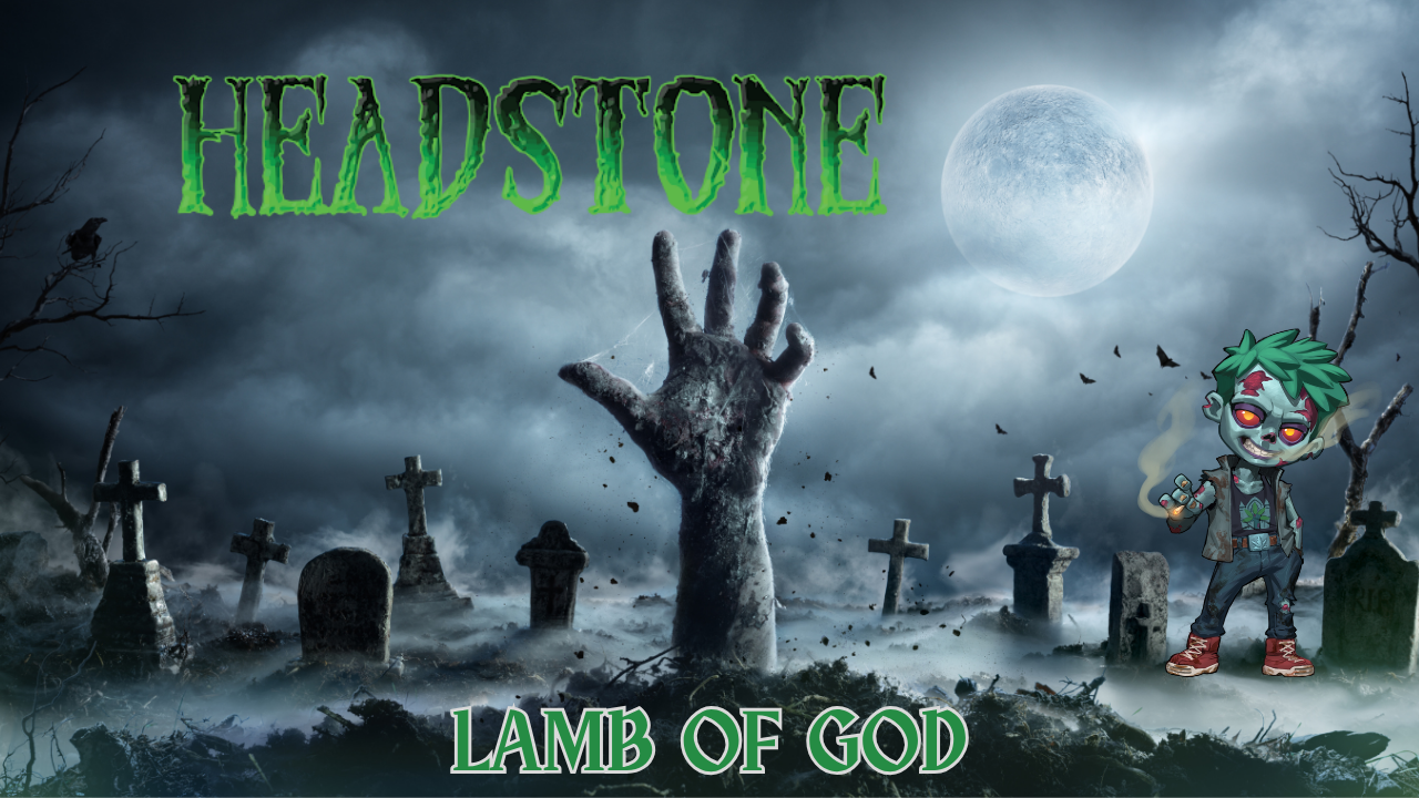 Blog header image for Headstone – Lamb of God featuring a foggy graveyard under a full moon. A zombie hand rises from the ground beneath bold green “Headstone” lettering, with a cartoon zombie character holding a joint on the right side. The eerie aesthetic captures the strain’s name and brand theme with dark, playful Halloween-inspired energy.