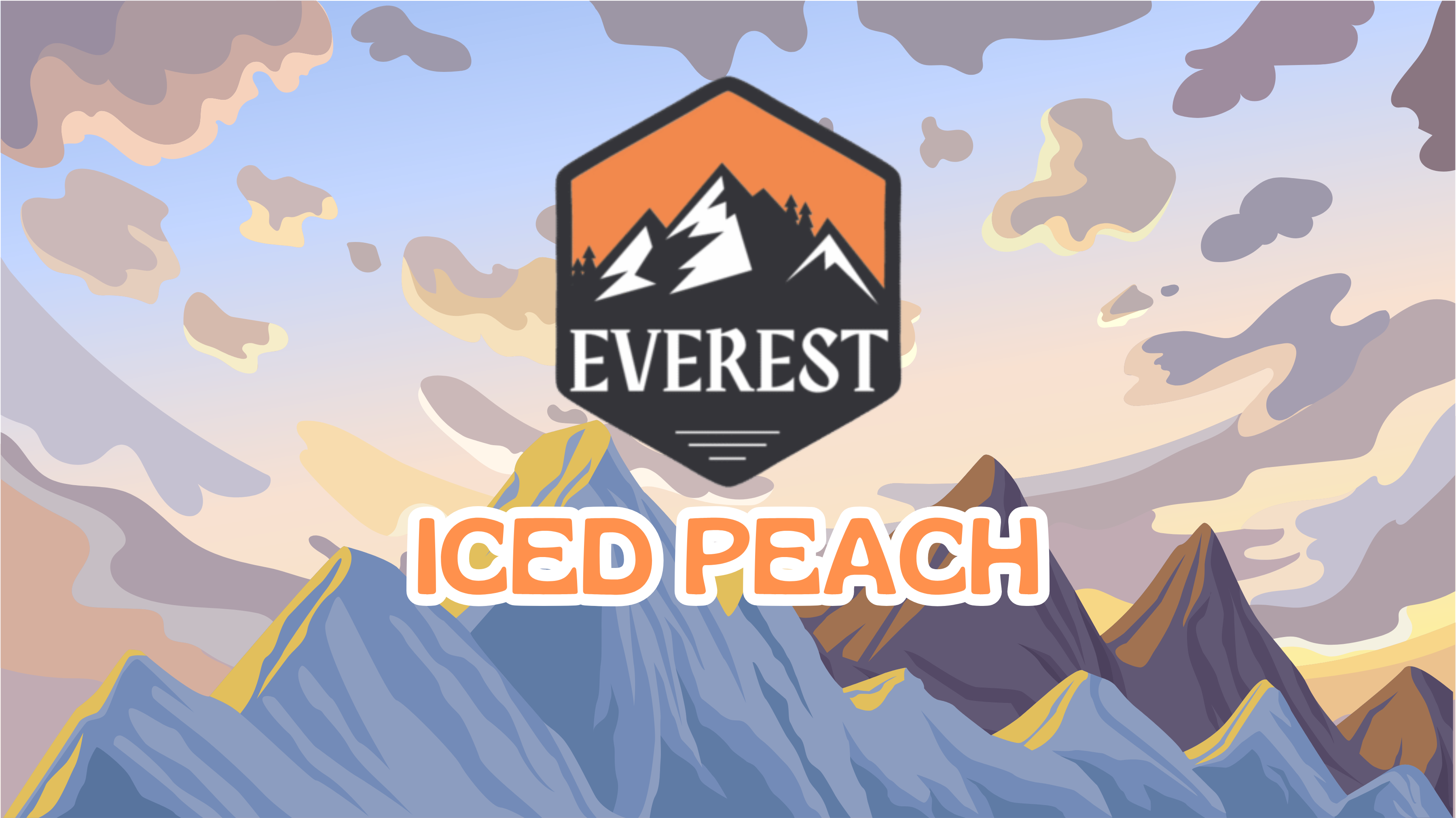  Digital blog header for Everest – Iced Peach. The design features a stylized mountain landscape in soft blue, peach, and lavender hues under a pastel sky. Centered at the top is the Everest logo — white mountain peaks inside an orange and black hexagon. Below it, the text “ICED PEACH” appears in bold, rounded orange letters with a white outline, complementing the warm tones of the logo. The composition evokes a sunrise over the Rockies, symbolizing freshness and craft quality.